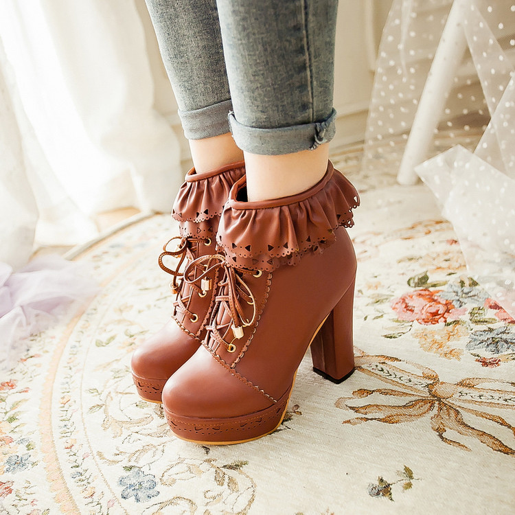 Women's Japanese Style High Heel Chunky Heel Short Riding Boots with Bow and Metal Decor - Image 3