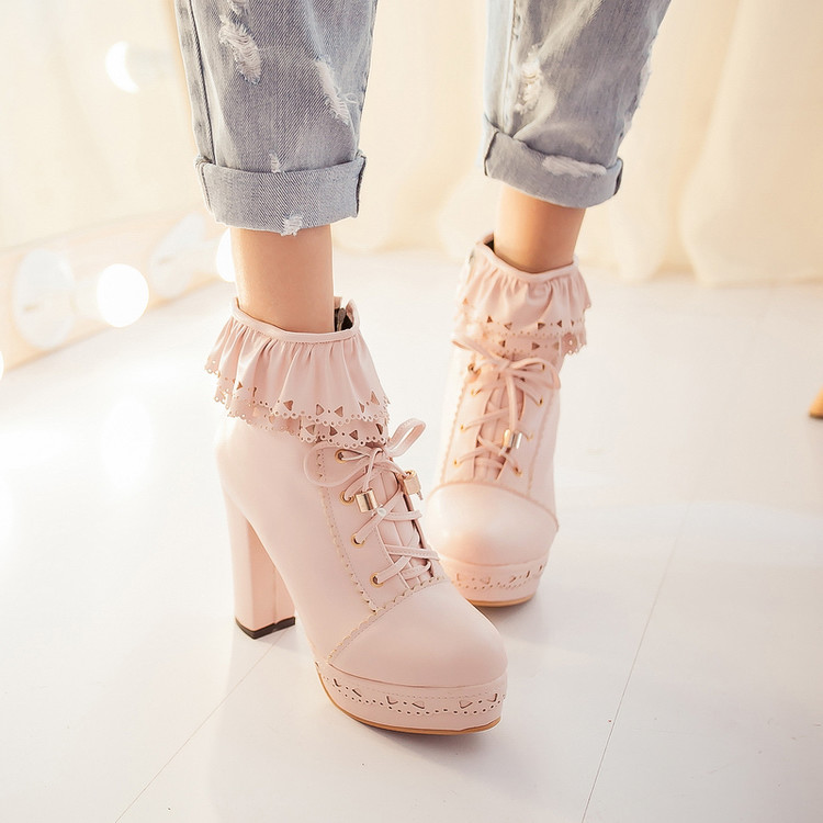 Women's Japanese Style High Heel Chunky Heel Short Riding Boots with Bow and Metal Decor