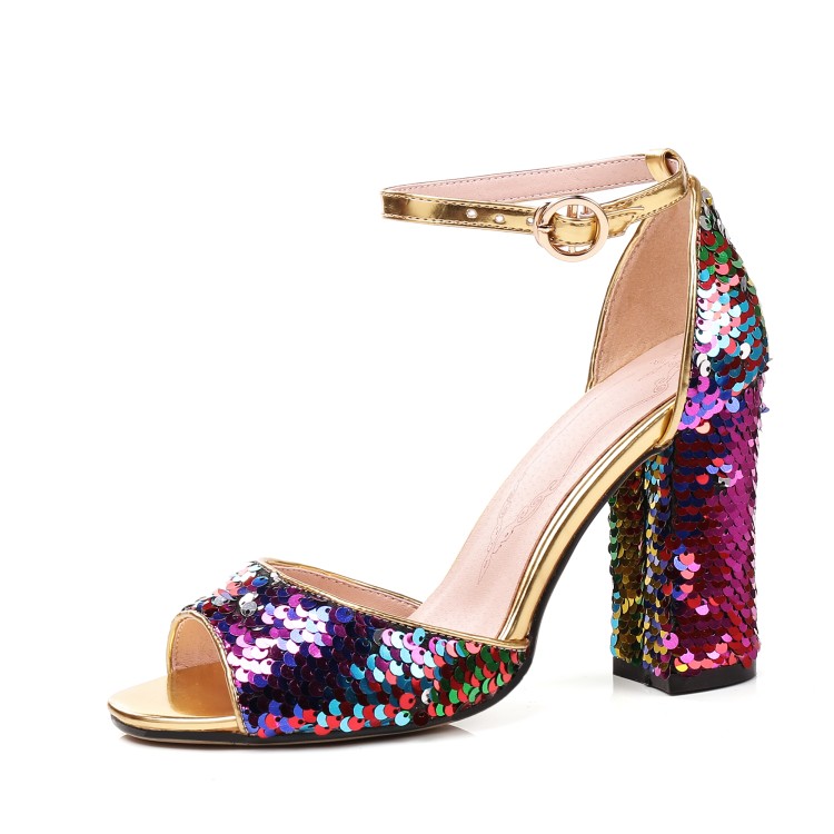 Peacock Blue Sequin High Heel Chunky Sandal Boots