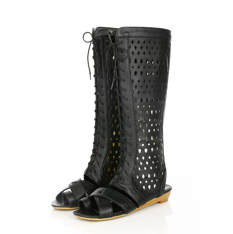 Minimalist High-Top Roman Sandal Boots with Cutouts and Cross Straps