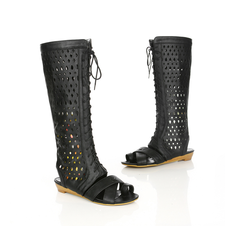 Minimalist High-Top Roman Sandal Boots with Cutouts and Cross Straps - Image 2