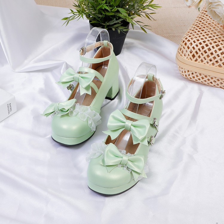 Lolita Style Women's Flat Shoes with Ribbon Beads Bow - Light Green White Black