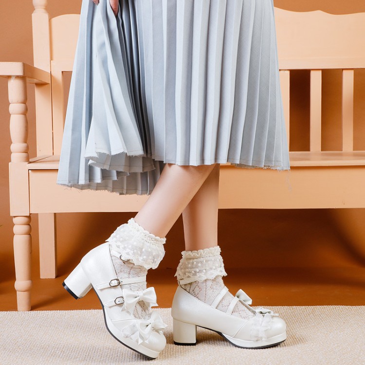 Lolita Style Women's Flat Shoes with Ribbon Beads Bow - Light Green White Black - Image 3