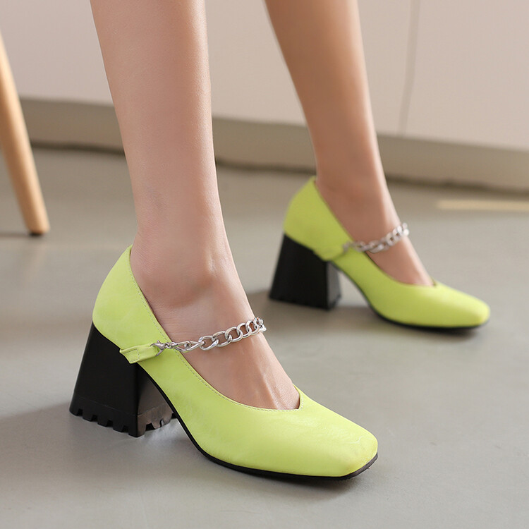 Women's High Heel Chunky Block Pumps with Buckle Strap