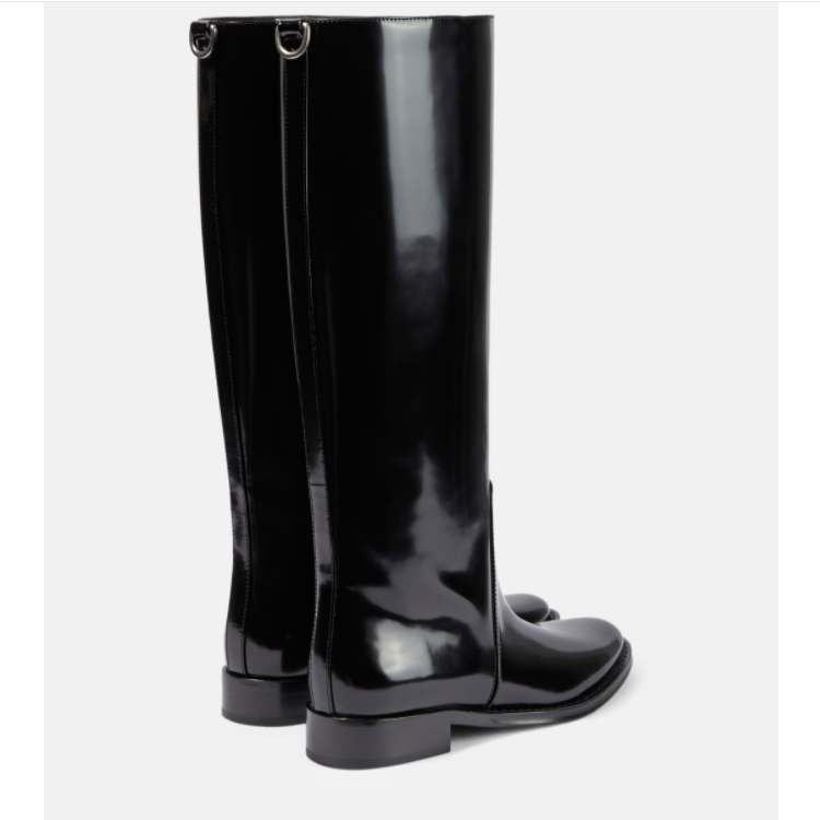 Knight Boots Low Heel Chunky Round Toe Slip-On Patent Leather Black
