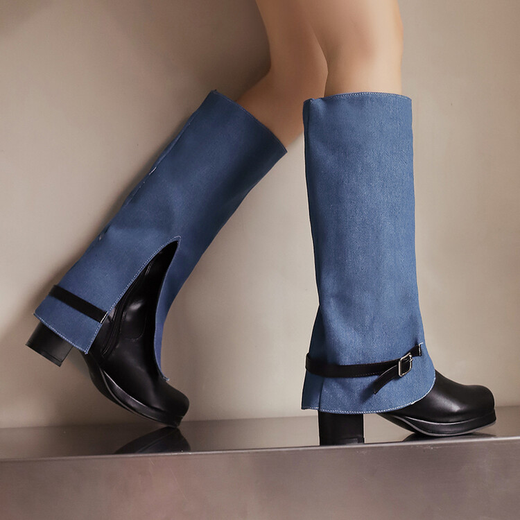 Women's High Shaft Denim Boots with Chunky Mid Heel and Side Zipper