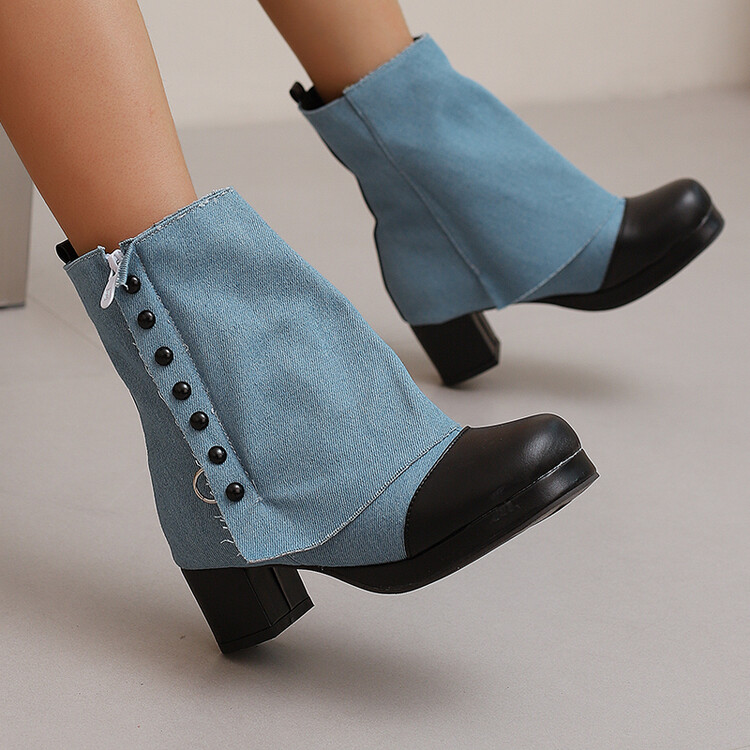 Women's Denim Work Boots with Chunky Mid Heel and Side Zipper