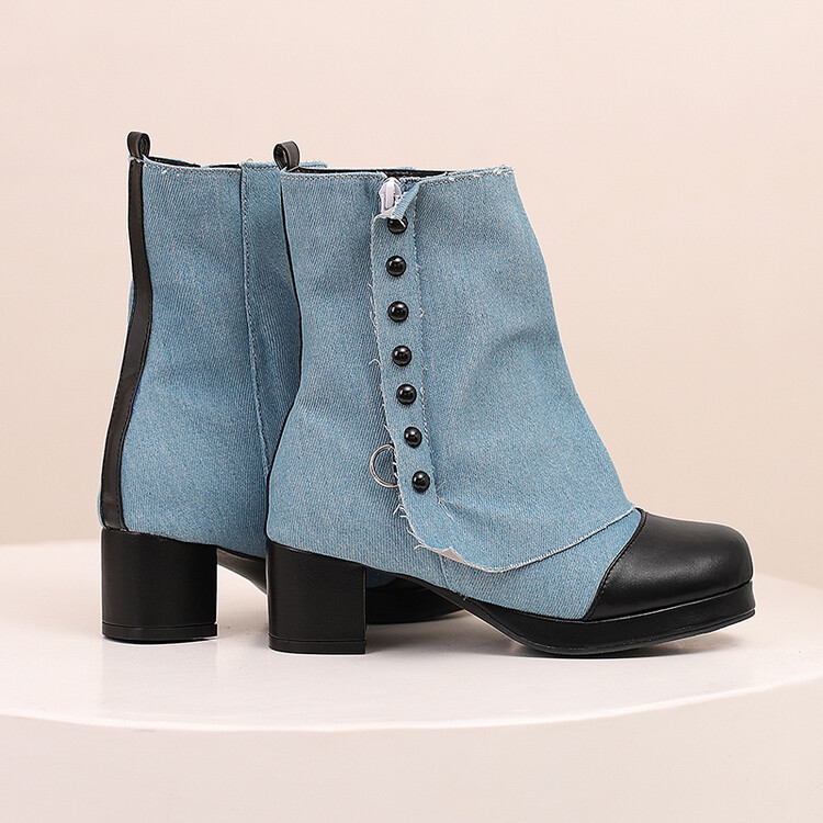 Women's Denim Work Boots with Chunky Mid Heel and Side Zipper - Image 4