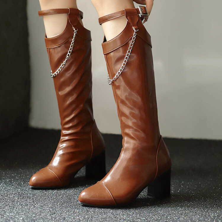 Women's High Shaft Fashion Boots with Pointed Toe and Chunky Mid Heel