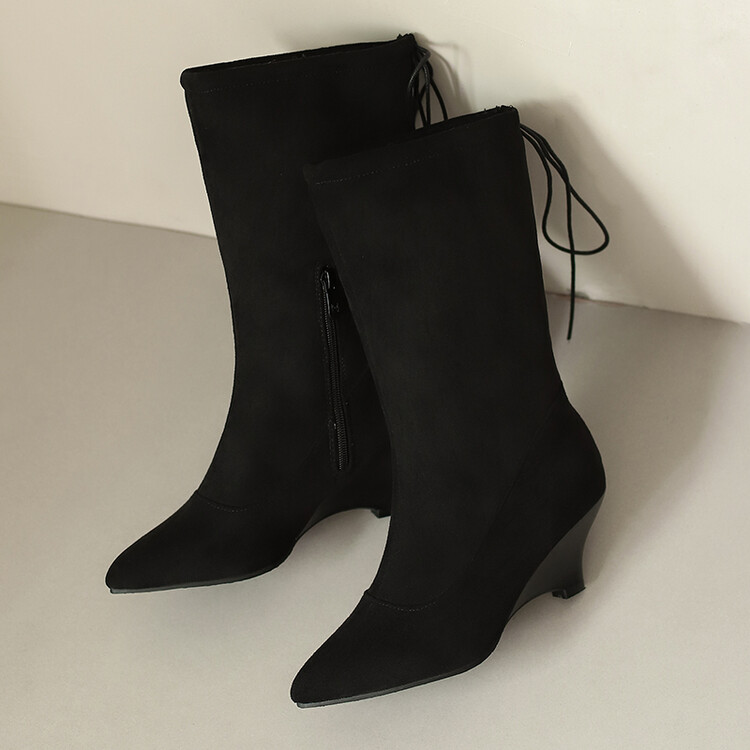 Fashion Denim Mid-Calf Wedge Boots with Side Zipper - Image 2