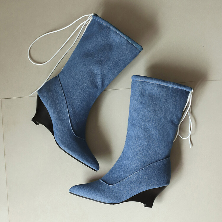Fashion Denim Mid-Calf Wedge Boots with Side Zipper