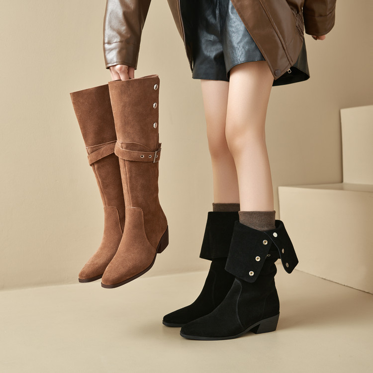 Women's Knight Boots Suede Square Toe Block Heel Side Zip