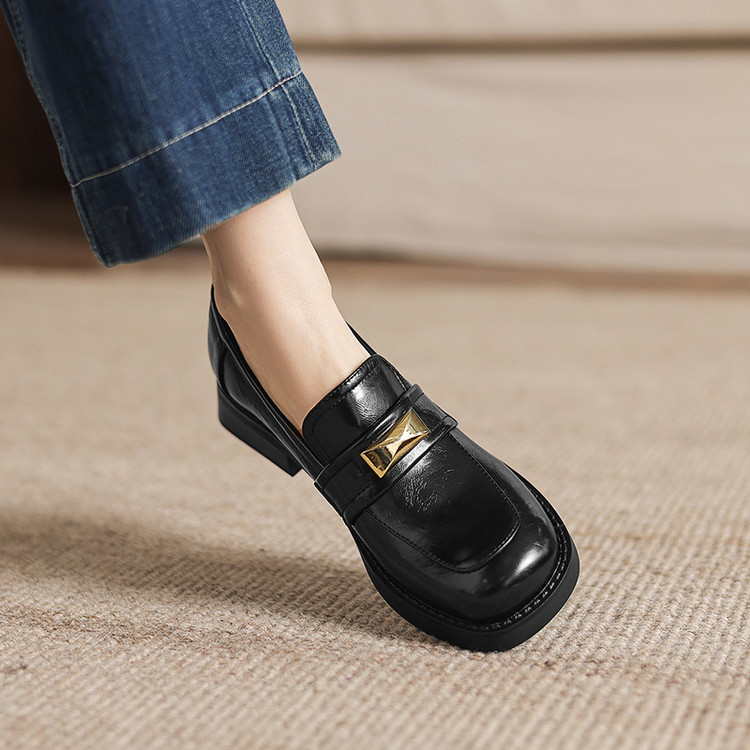 Deep Mouth Flat Shoes for Women - Microfiber Upper and Lining, Mid Chunky Heel, Round Toe, Patchwork, Winter 2025, Brown or Black