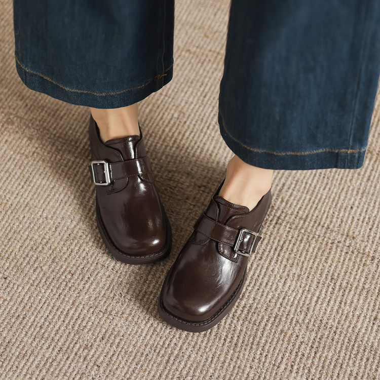 Deep Mouth Flat Shoes for Women - Microfiber Upper and Lining, Mid Chunky Heel, Round Toe, Patchwork Design, Winter 2025 - Style k.html - Image 2