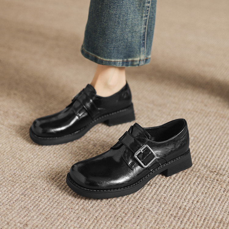 Deep Mouth Flat Shoes for Women - Microfiber Upper and Lining, Mid Chunky Heel, Round Toe, Patchwork Design, Winter 2025 - Style k.html - Image 3