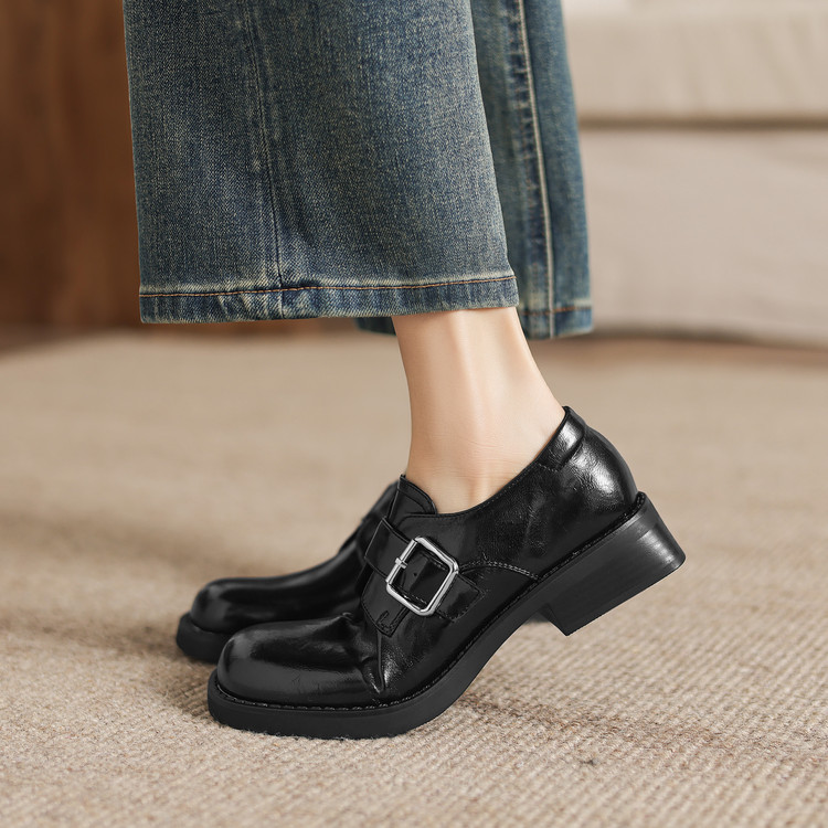 Deep Mouth Flat Shoes for Women - Microfiber Upper and Lining, Mid Chunky Heel, Round Toe, Patchwork Design, Winter 2025 - Style k.html - Image 4