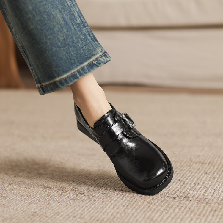 Deep Mouth Flat Shoes for Women - Microfiber Upper and Lining, Mid Chunky Heel, Round Toe, Patchwork Design, Winter 2025 - Style k.html - Image 5