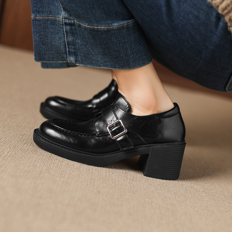 Deep Mouth Flat Shoes for Women - Microfiber Upper and Lining, Mid Chunky Heel, Round Toe, Patchwork Design, Winter 2025 - Style k.html - Image 2