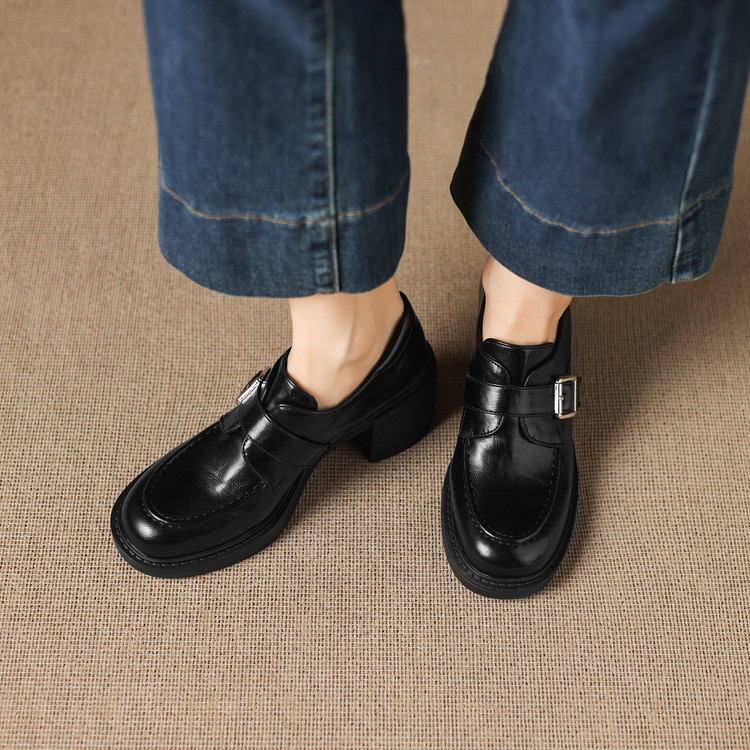 Deep Mouth Flat Shoes for Women - Microfiber Upper and Lining, Mid Chunky Heel, Round Toe, Patchwork Design, Winter 2025 - Style k.html - Image 3