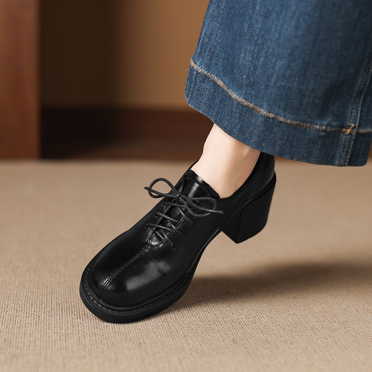 Deep Mouth Flat Shoes for Women - Microfiber Upper and Lining, Mid Chunky Heel, Round Toe, Patchwork, Winter 2025 - Style s.html